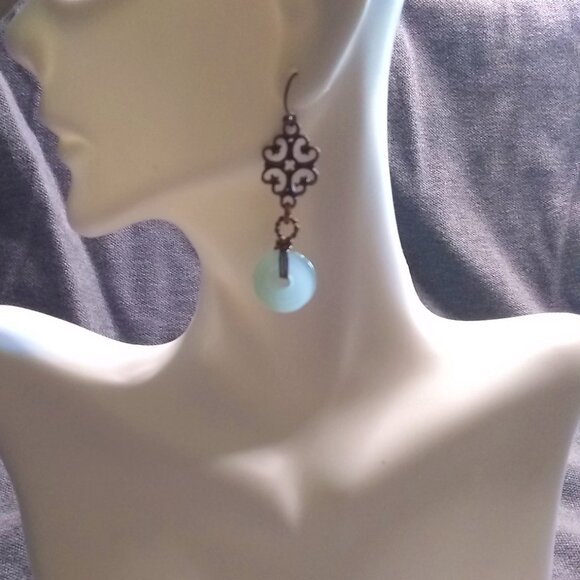 Green Aventurine & Copper Filigree Dangle Earrings - Picture 5 of 11